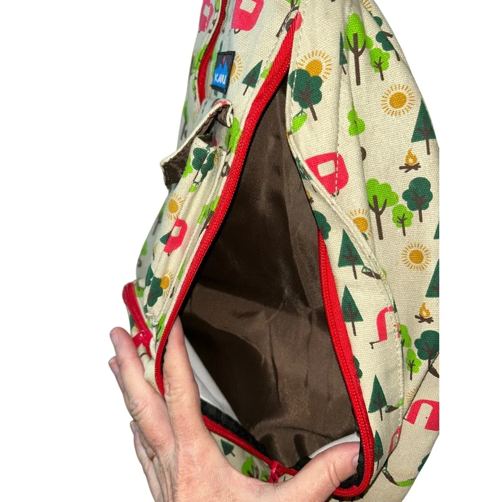 KAVU Rope Bag Sling‎ Backpack Camping Trailer Print Canvas Tan Red Green